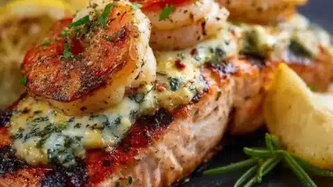 Crab and shrimp stuffed salmon dish, beautifully presented on a plate