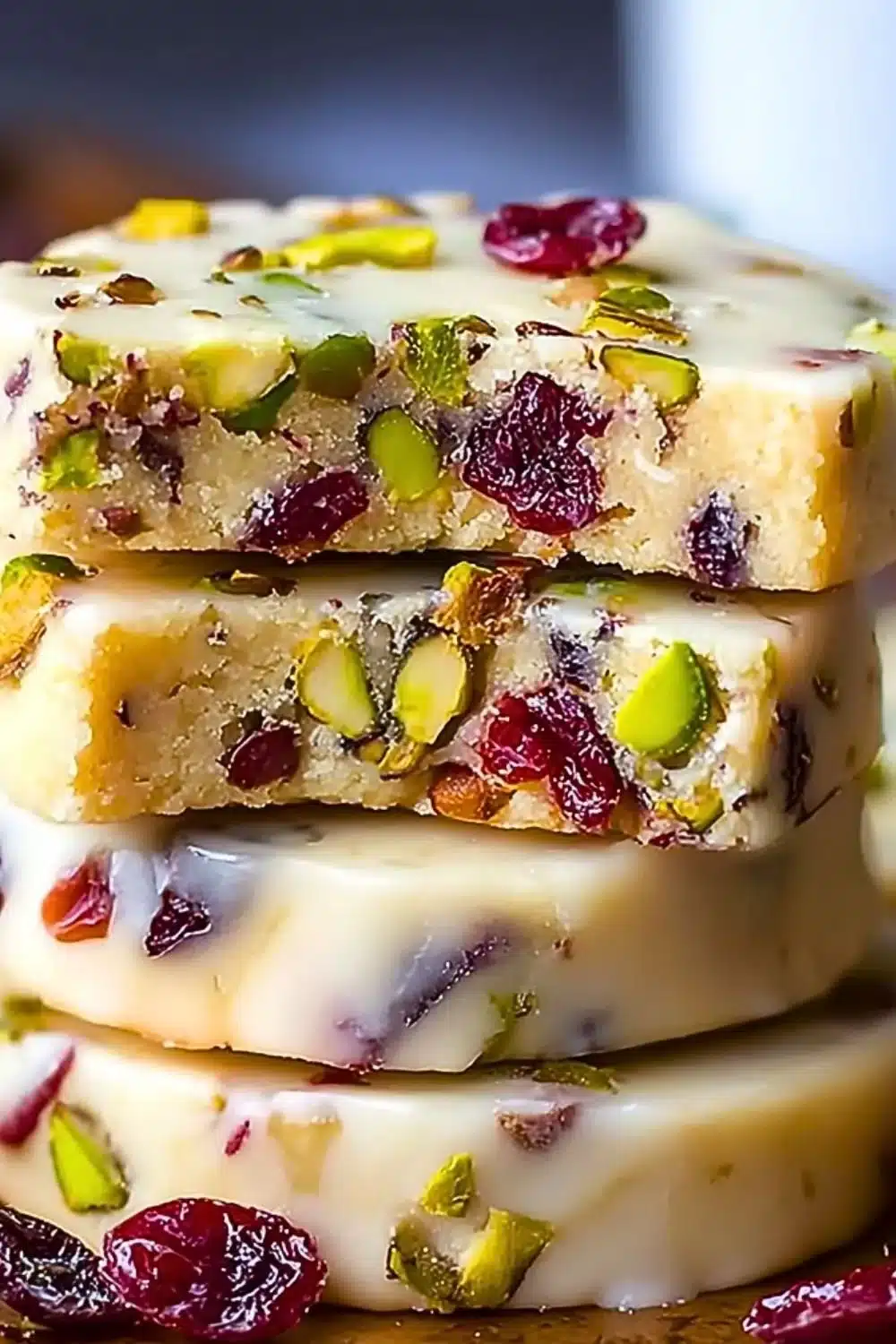 Cranberry pistachio shortbread cookies arranged on a plate
