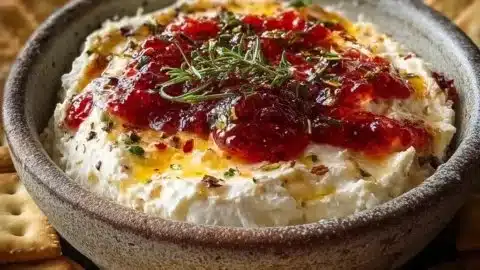 Cranberry Whipped Feta Dip drizzled with hot honey served in a bowl