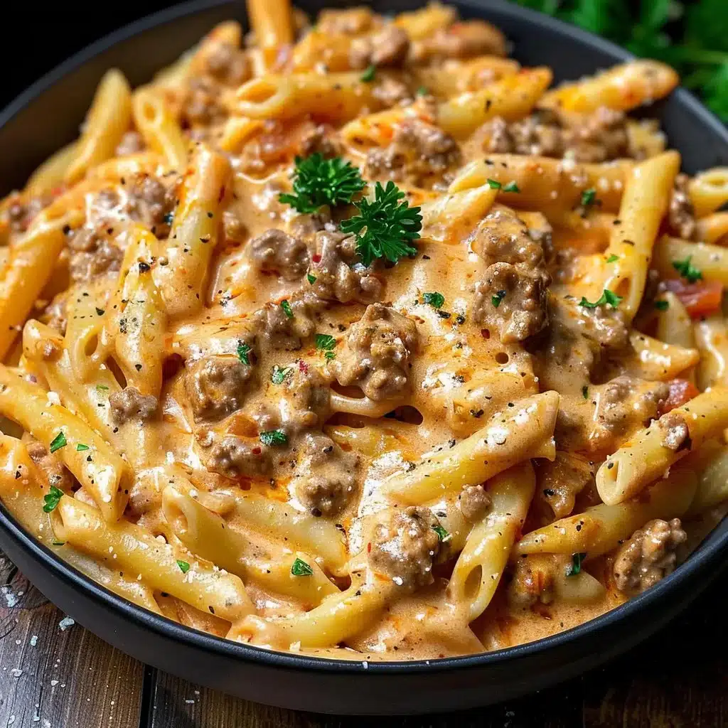 Creamy beef pasta dish served in a bowl with herbs and cheese