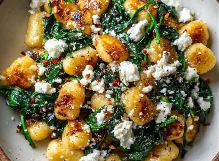 Creamy gnocchi with spinach and feta in a bowl, garnished with herbs