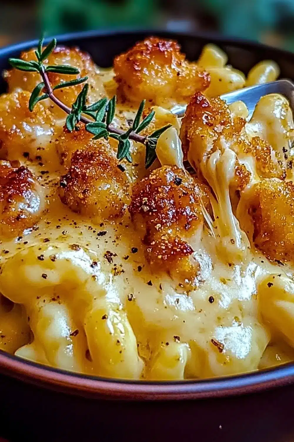 Creamy honey pepper chicken mac and cheese topped with fresh herbs