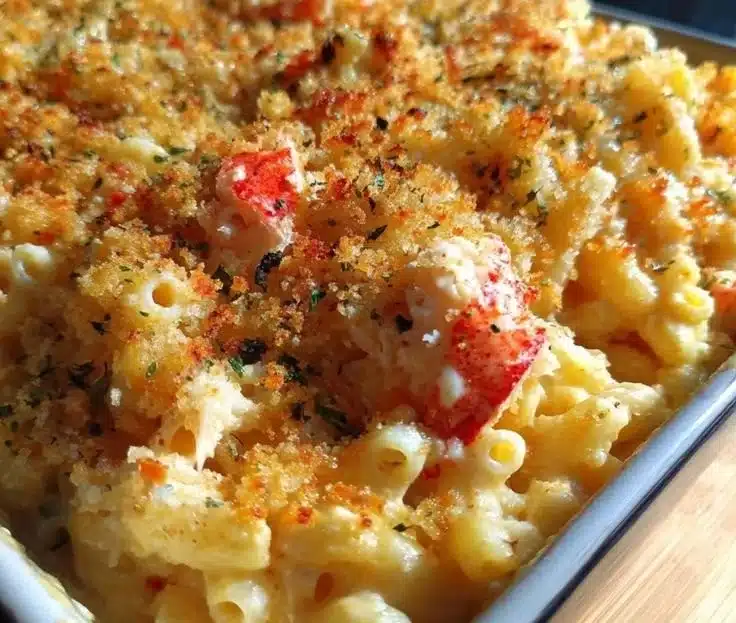 Creamy langostino lobster mac and cheese dish served in a bowl