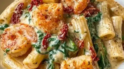 Delicious creamy sun-dried tomato shrimp with spinach pasta dish