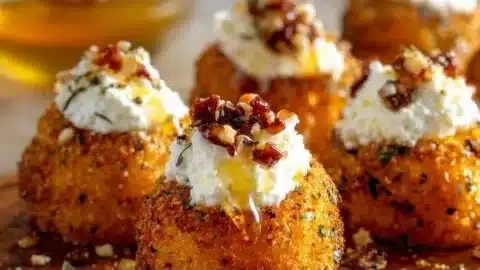 Crispy butternut squash bites topped with hot honey feta drizzle