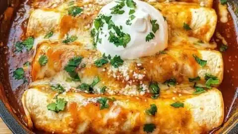 Delicious chicken enchiladas ready to serve with toppings and sides.
