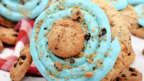 Delicious blue monster cookie with colorful toppings and frosting