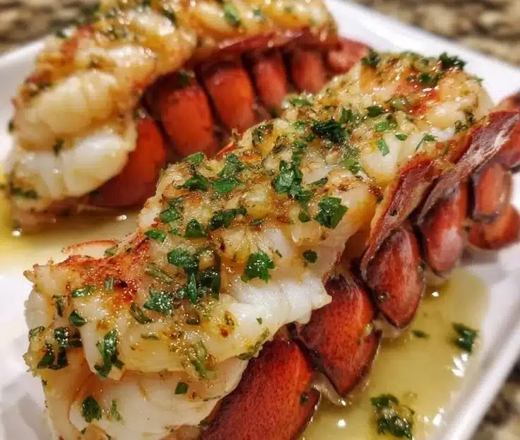 Delicious Garlic Butter Lobster Tail served with lemon and herbs