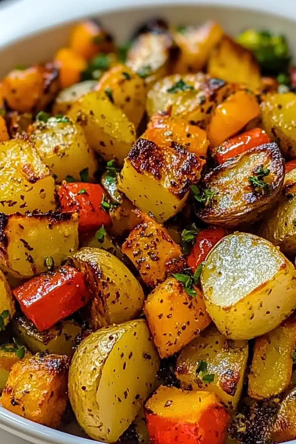 Garlic herb roasted potatoes and colorful veggies served in a bowl
