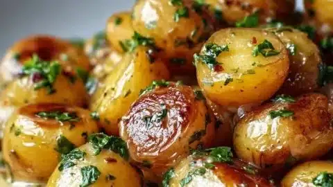 Garlic Sauce Baby Potatoes garnished with fresh herbs