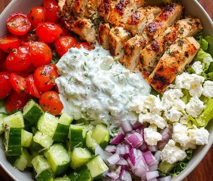 Healthy Greek Chicken Bowl with fresh vegetables and flavorful herbs