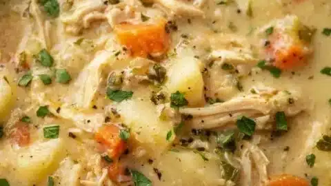 High protein chicken pot pie soup with veggies and herbs in a bowl