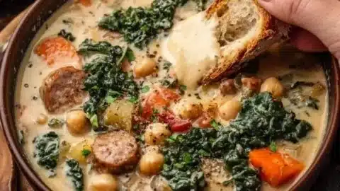 Bowl of high protein white bean soup garnished with fresh herbs