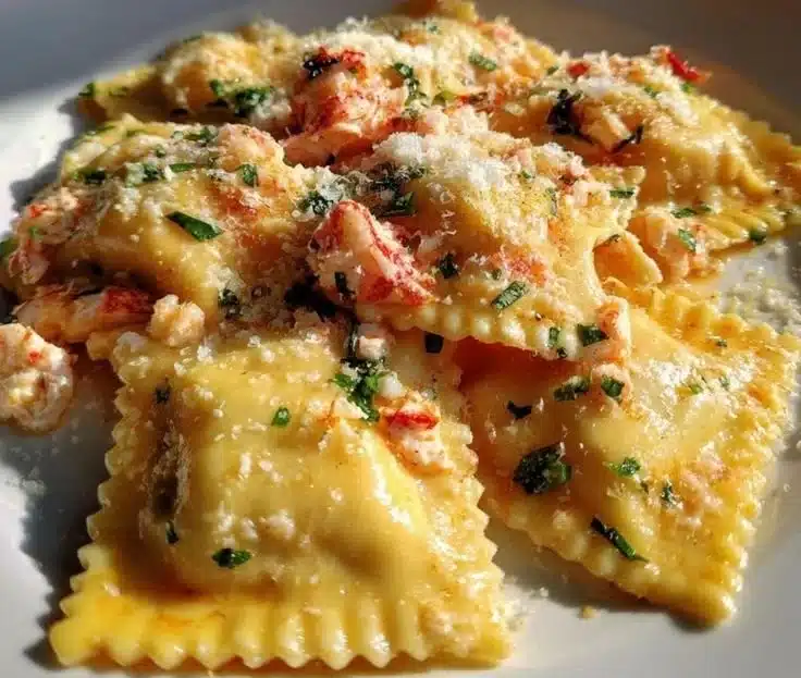 Delicious homemade lobster ravioli served with sauce