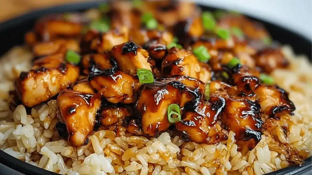 Honey BBQ Chicken Rice dish served with fresh vegetables