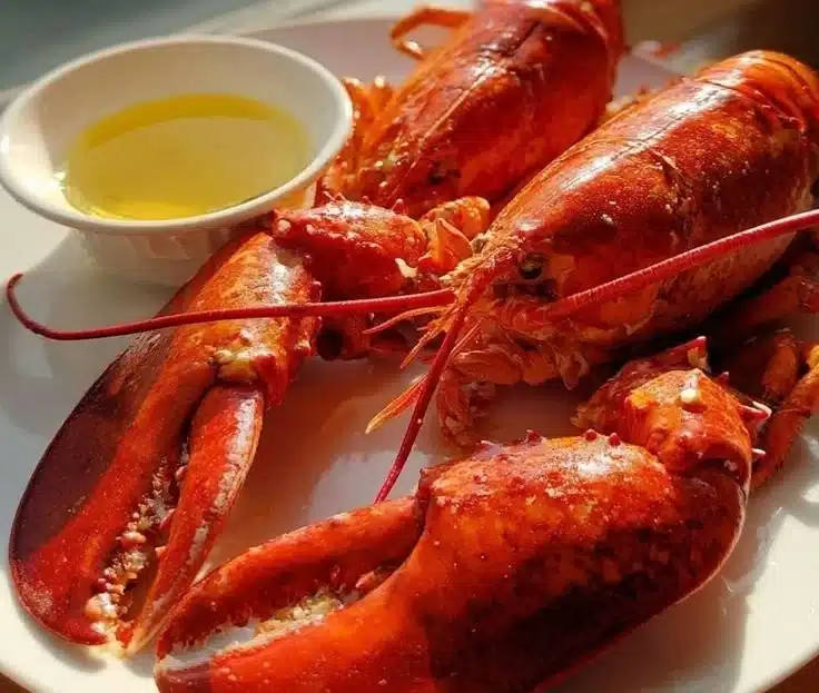 A perfectly cooked whole lobster ready to be served with lemon and butter.