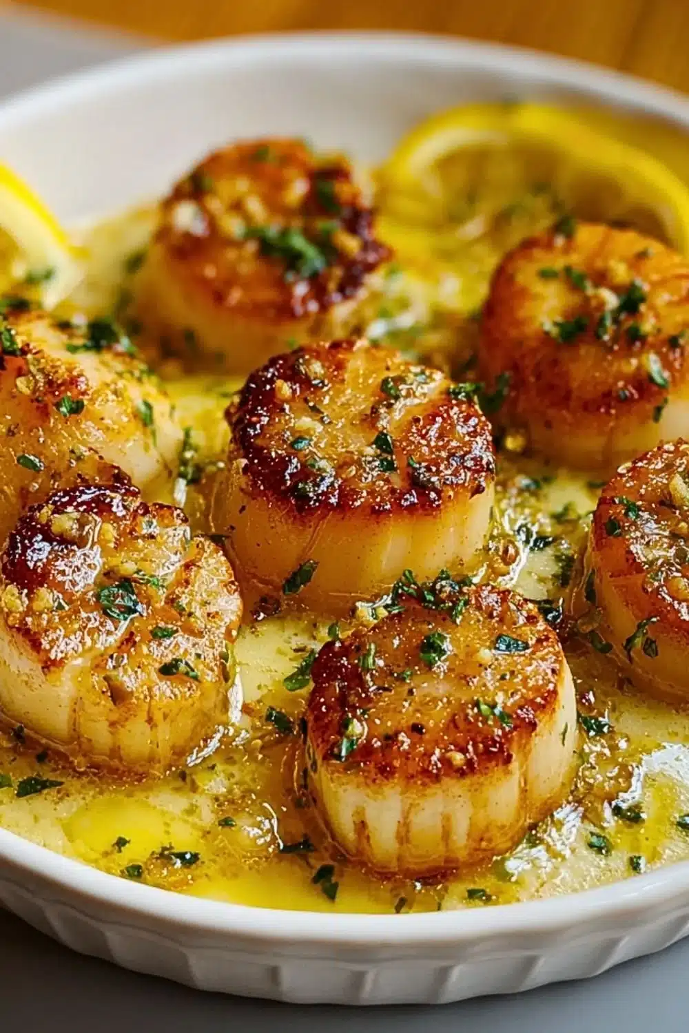 Plate of Lemon Butter Scallops garnished with herbs and lemon slices.