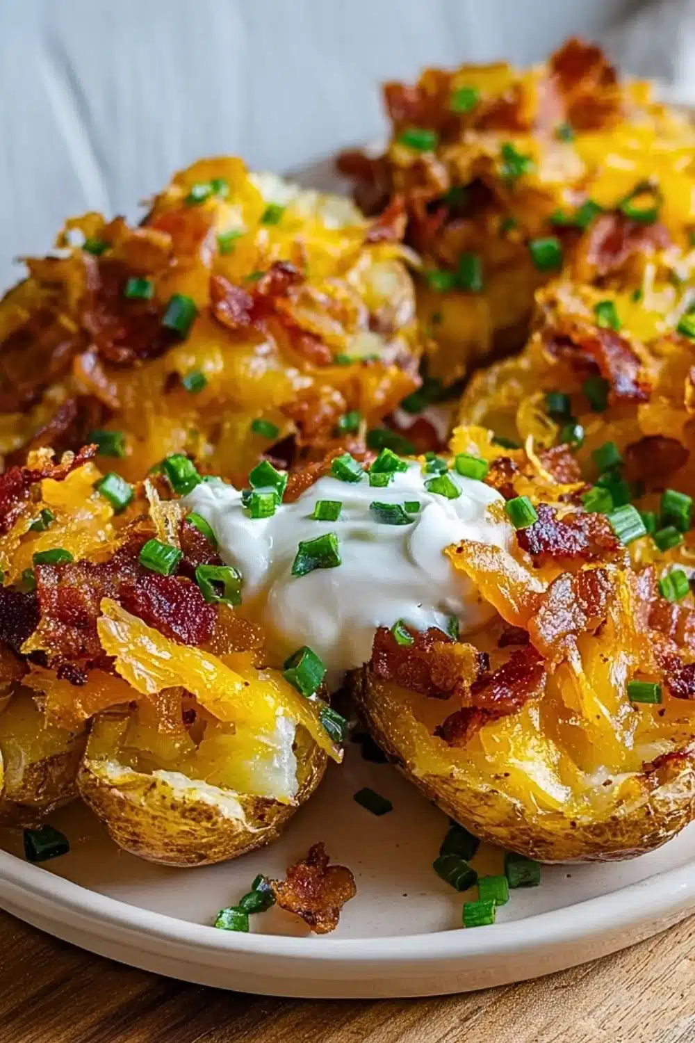 Delicious loaded smashed potatoes topped with cheese, bacon, and chives.