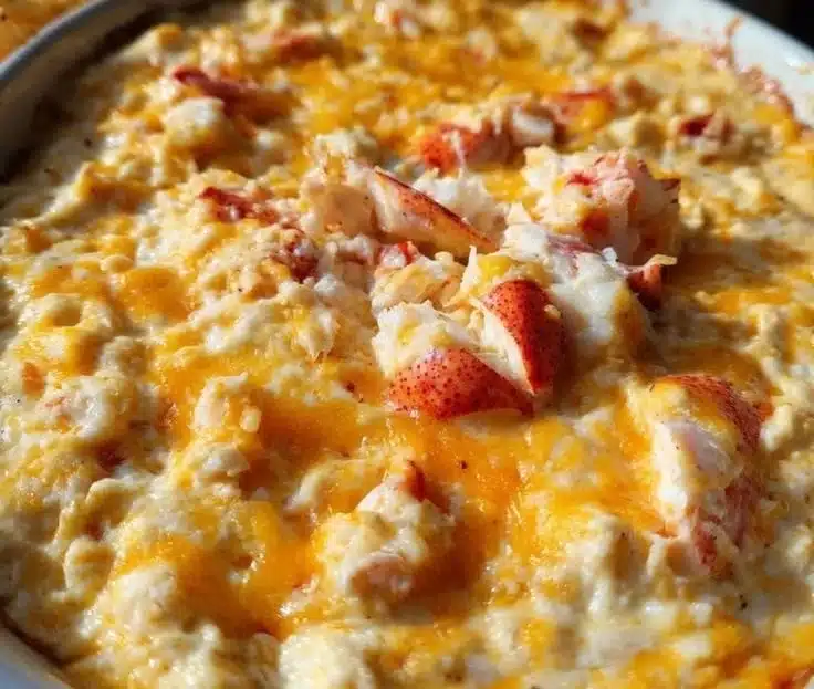 Creamy lobster crab dip served in a bowl, garnished with fresh herbs.