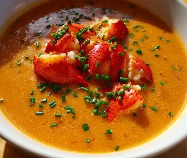 A bowl of creamy lobster bisque garnished with fresh herbs and lobster meat.
