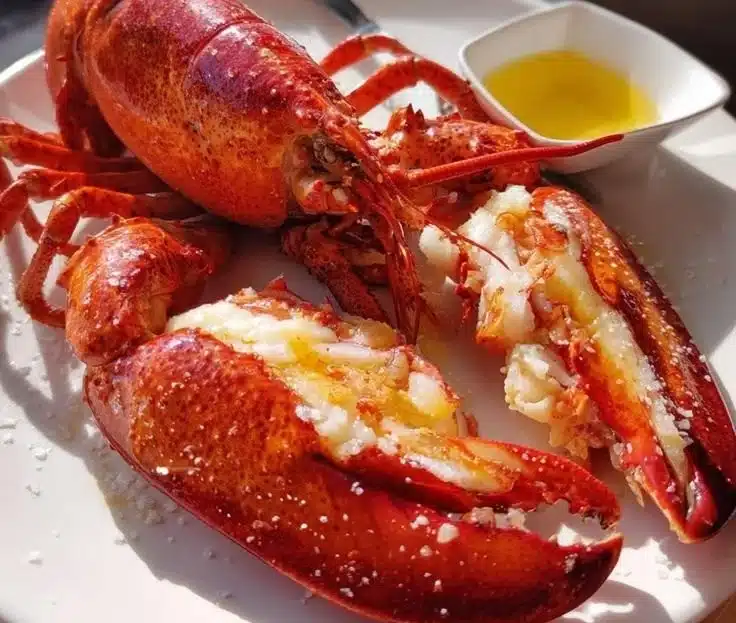 Succulent lobster dinner with butter and lemon on a plate