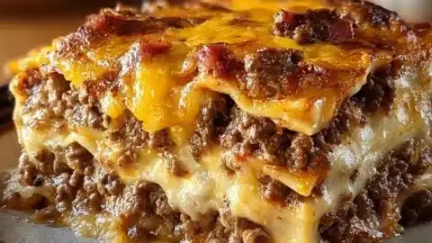 Low carb bacon cheeseburger casserole in a baking dish, topped with cheese and bacon.