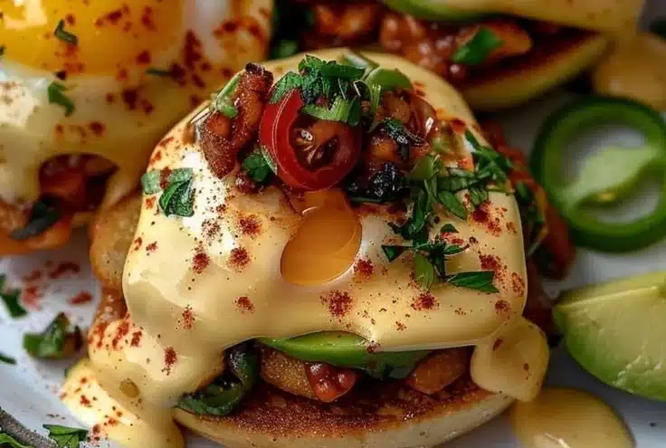 Mexican Eggs Benedict topped with avocado and salsa on a plate