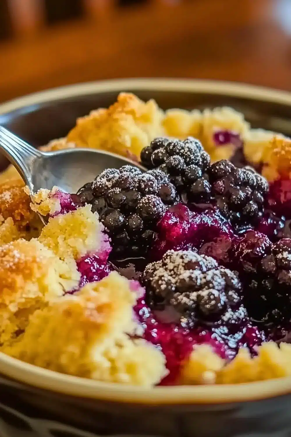 Delicious old-fashioned blackberry cobbler served in a rustic dish