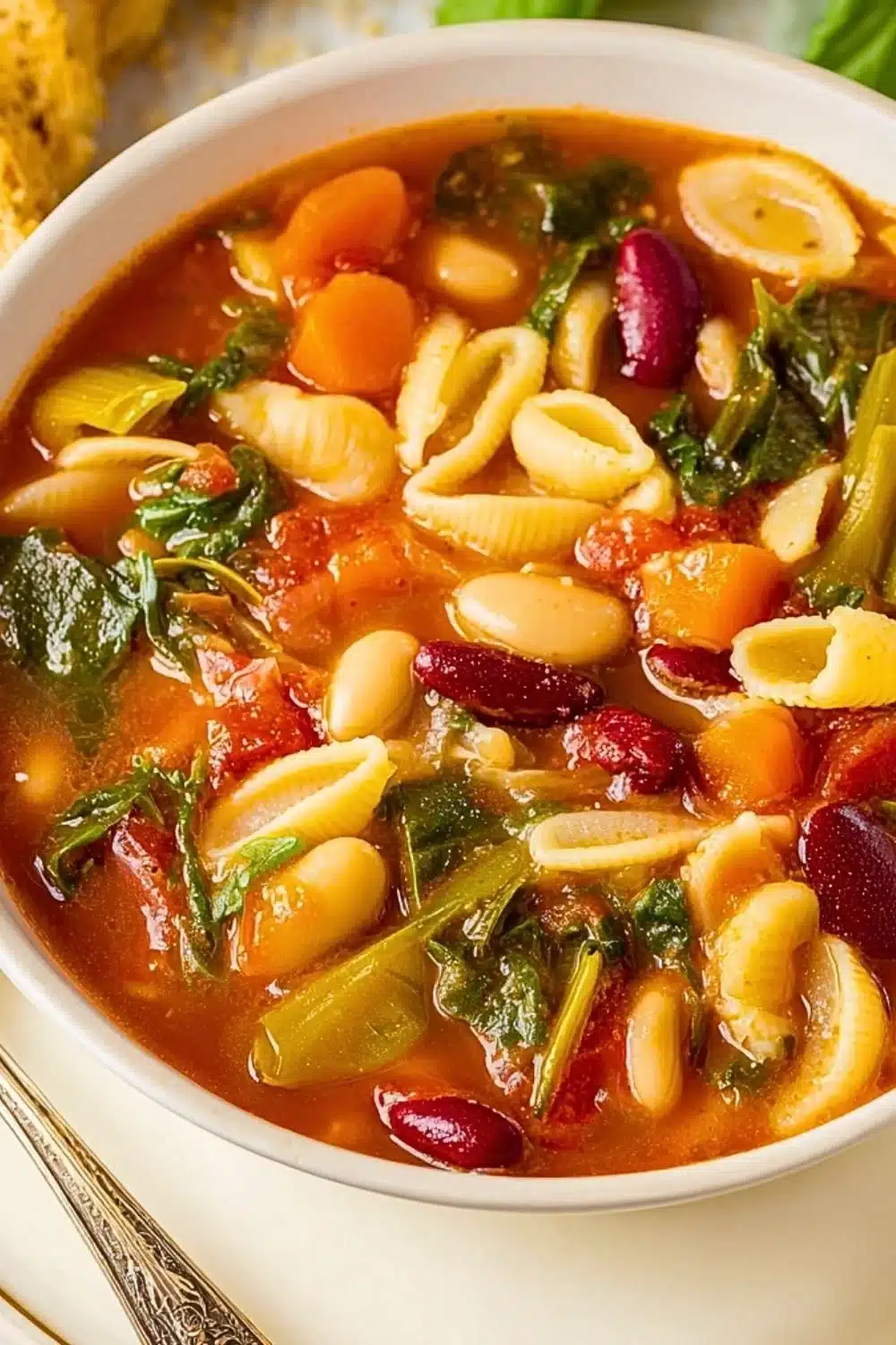 A bowl of Olive Garden Minestrone Soup filled with fresh vegetables and beans.