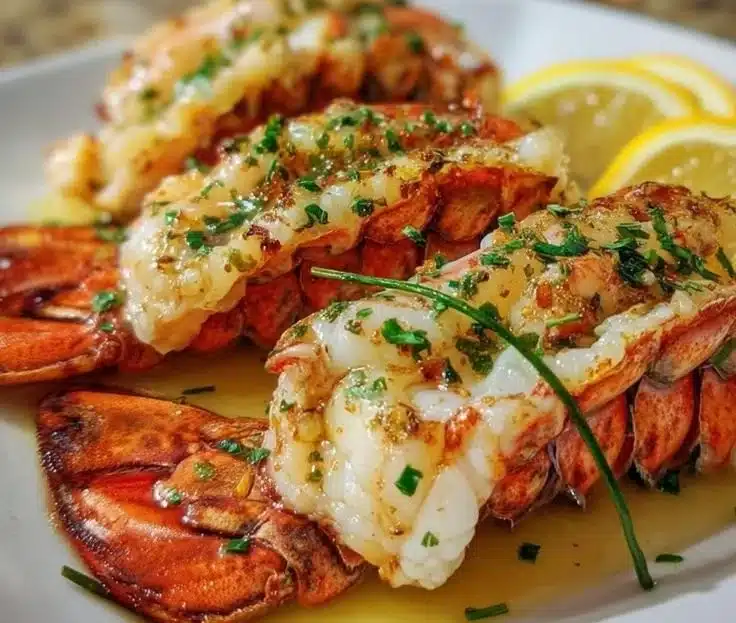 Deliciously poached lobster tails served with lemon and herbs