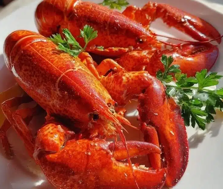 A beautifully plated perfectly steamed lobster with herbs and lemon