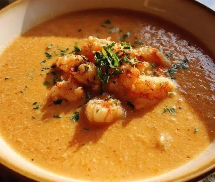 Bowl of Prawn Lobster Bisque garnished with herbs and seafood.