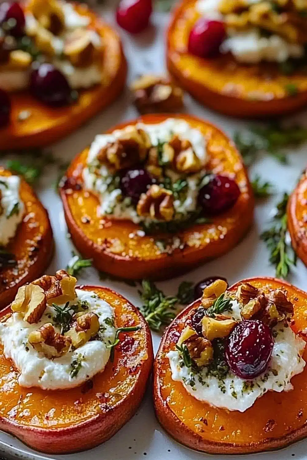 Roasted sweet potato rounds with herbed ricotta, walnuts, and cranberries on a plate.