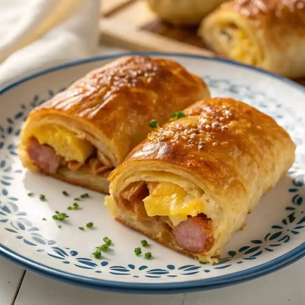 Sausage egg breakfast roll-ups on a plate for a quick morning snack.