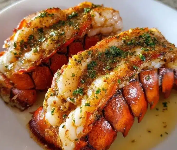 Seasoned lobster tail served on a plate with herbs and lemon