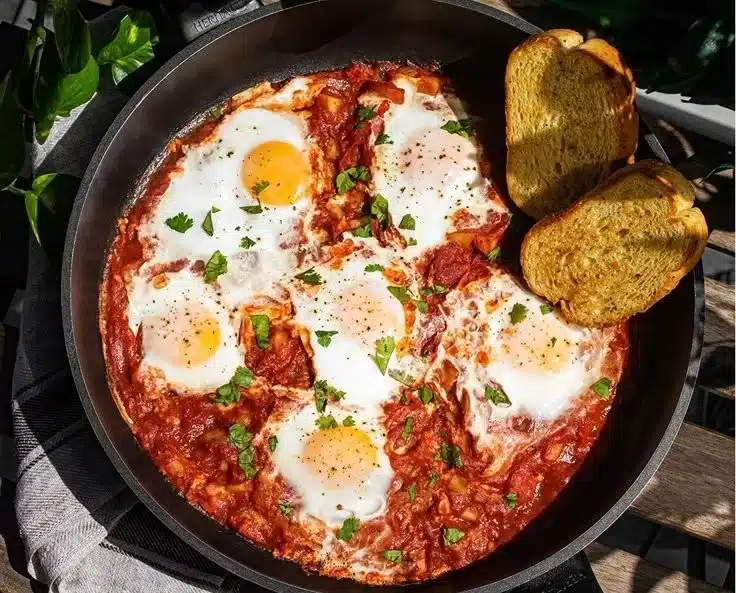 Close-up of Shakshuka with poached eggs in a vibrant tomato sauce and herbs.