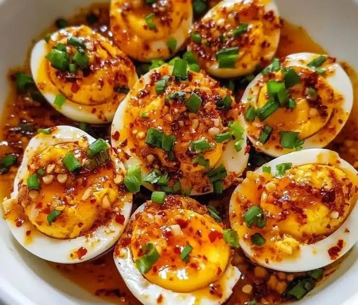Spicy Chili Garlic Deviled Eggs on a serving platter