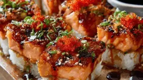 Delicious spicy salmon sushi bake served in a dish