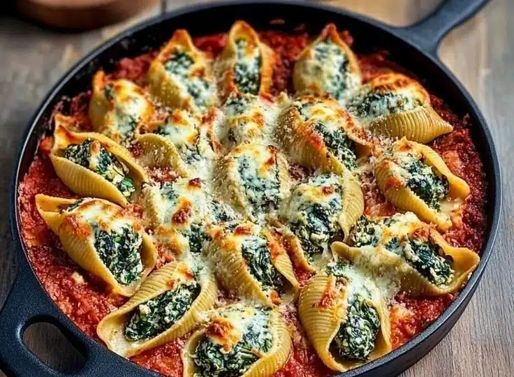 Delicious Spinach and Ricotta Stuffed Shells served in a creamy sauce