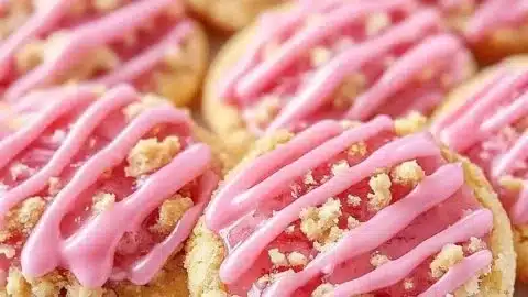 Freshly baked Strawberry Crunch Cookies with strawberry bits and crunchy topping