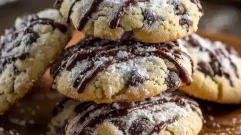 Delicious homemade cannoli cookies on a plate with chocolate chips and powdered sugar.