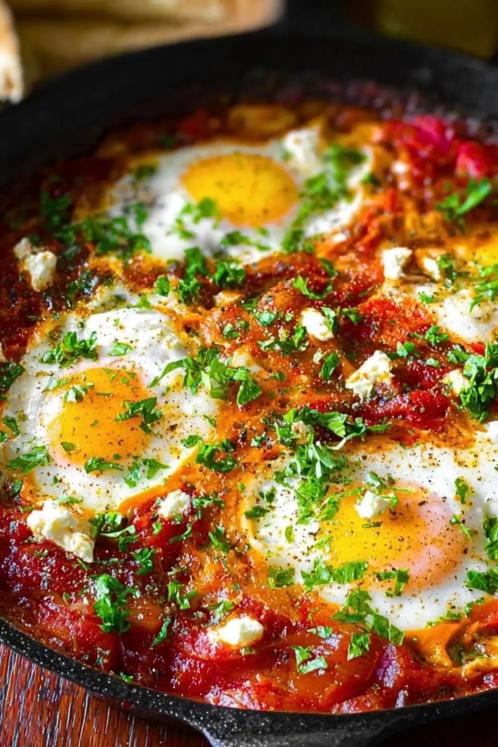 A delicious plate of shakshuka with eggs and vibrant tomato sauce.