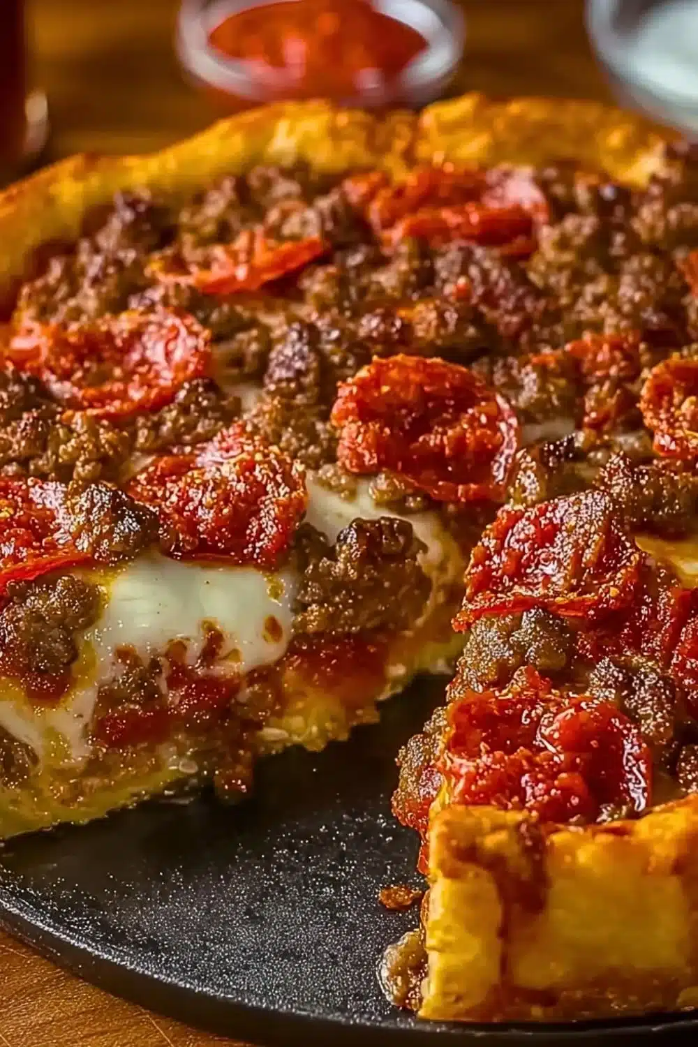 Ultimate deep-dish hamburger sausage pepperoni pie served hot on a plate