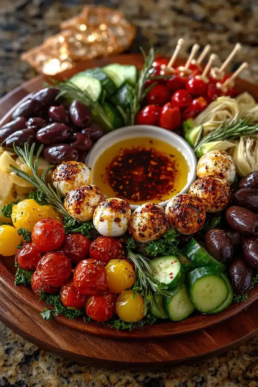 Antipasto wreath with various meats, cheeses, and a whipped feta dip centerpiece.