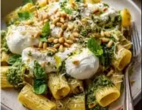 Basil Pesto Rigatoni with Burrata topped with fresh basil