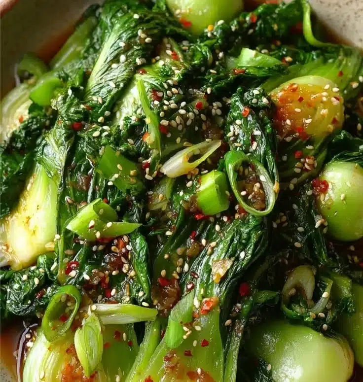 Bok Choy with Ginger Soy Sauce dish garnished with ingredients