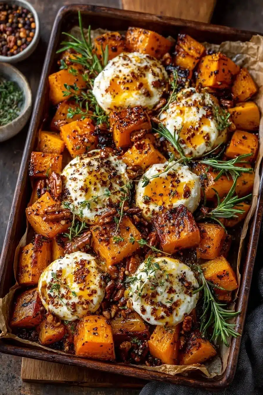 Caramelized butternut squash topped with brie cheese, toasted pecans, and hot honey