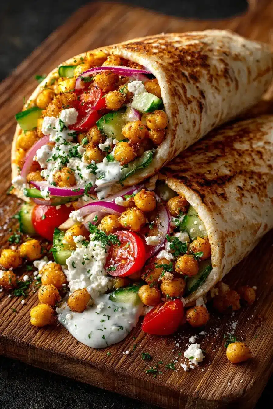 Chickpea feta wrap with fresh vegetables in a tortilla
