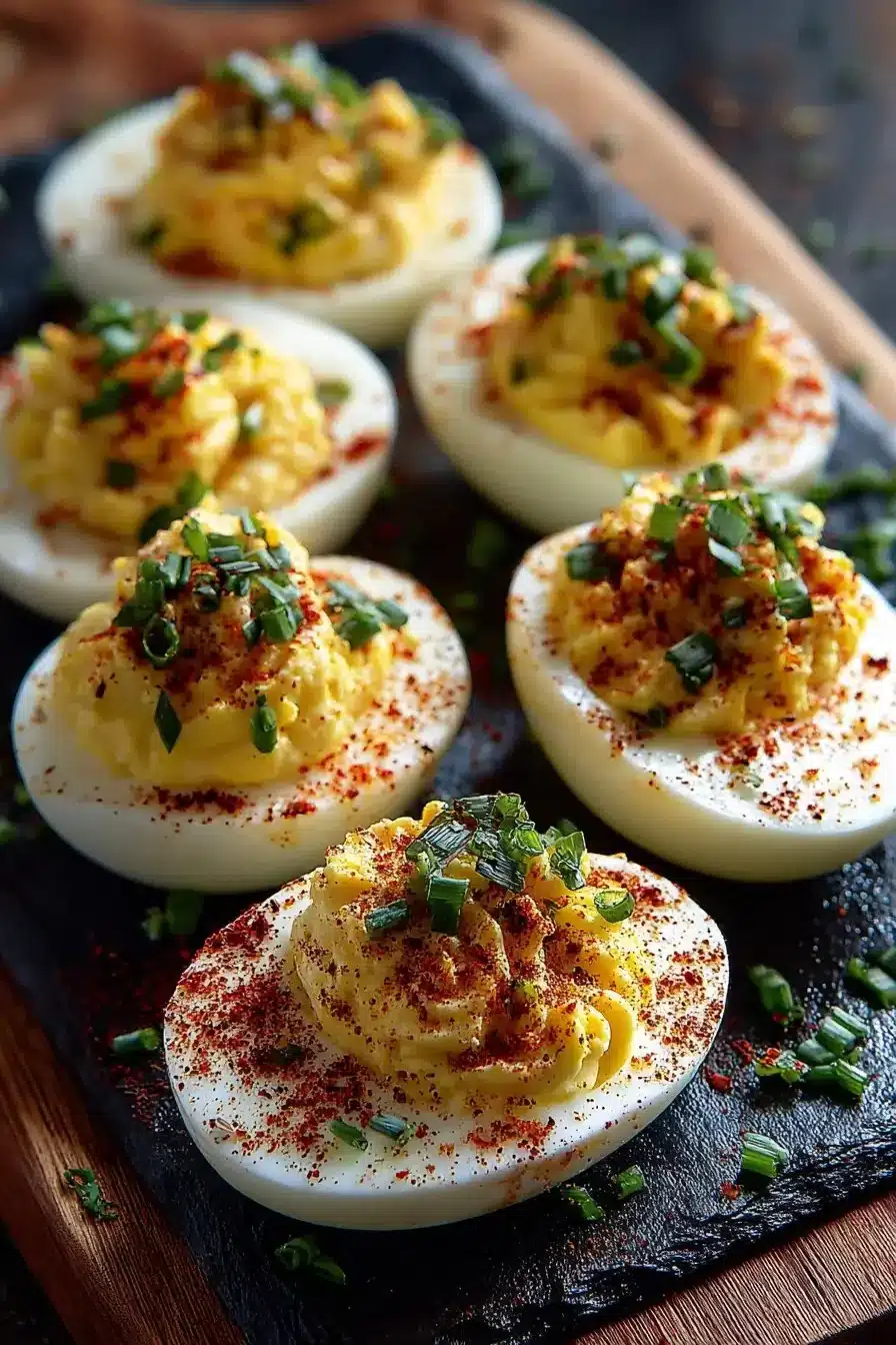 Plate of classic deviled eggs garnished with paprika and parsley