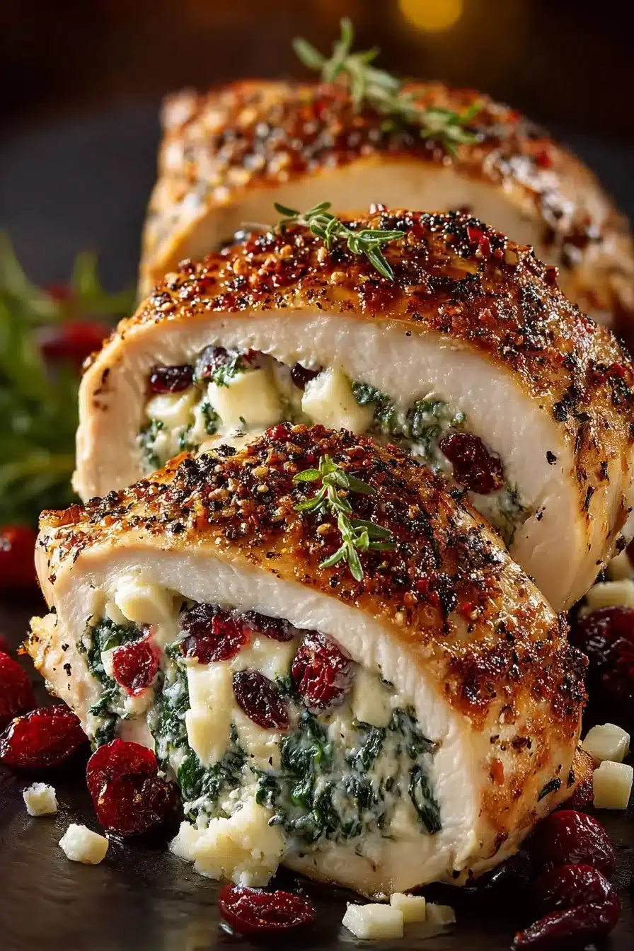 Cranberry and spinach stuffed chicken breasts with creamy brie cheese on a plate